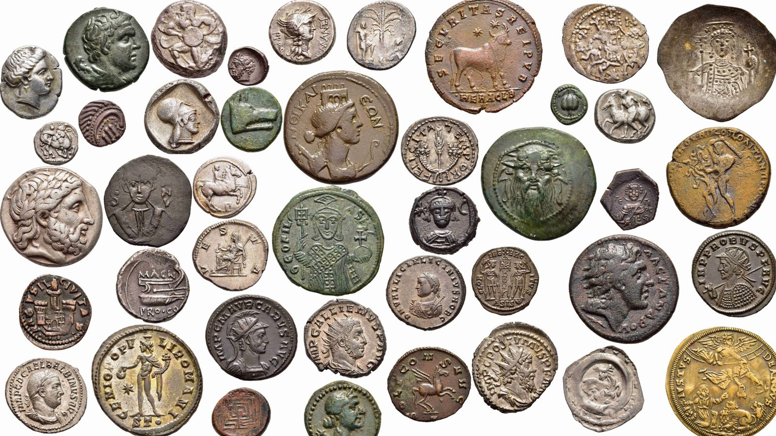 Historische Münzen mit Porträts, Tieren und Symbolen aus verschiedenen Epochen